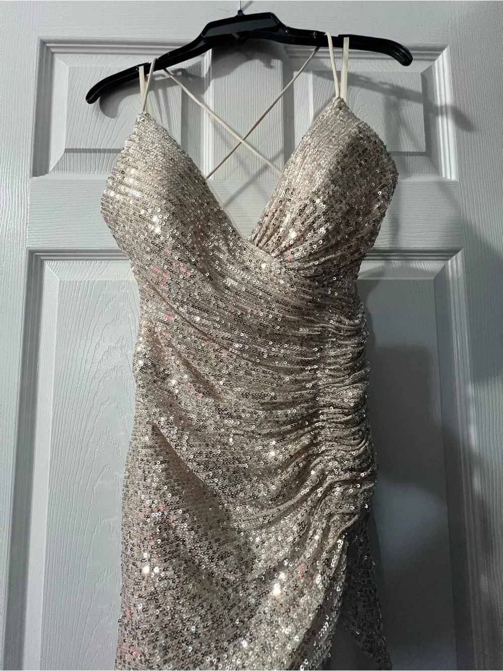Gold Sequin Ruched Spaghetti-Strap Formal Dress - Picture 1 of 6